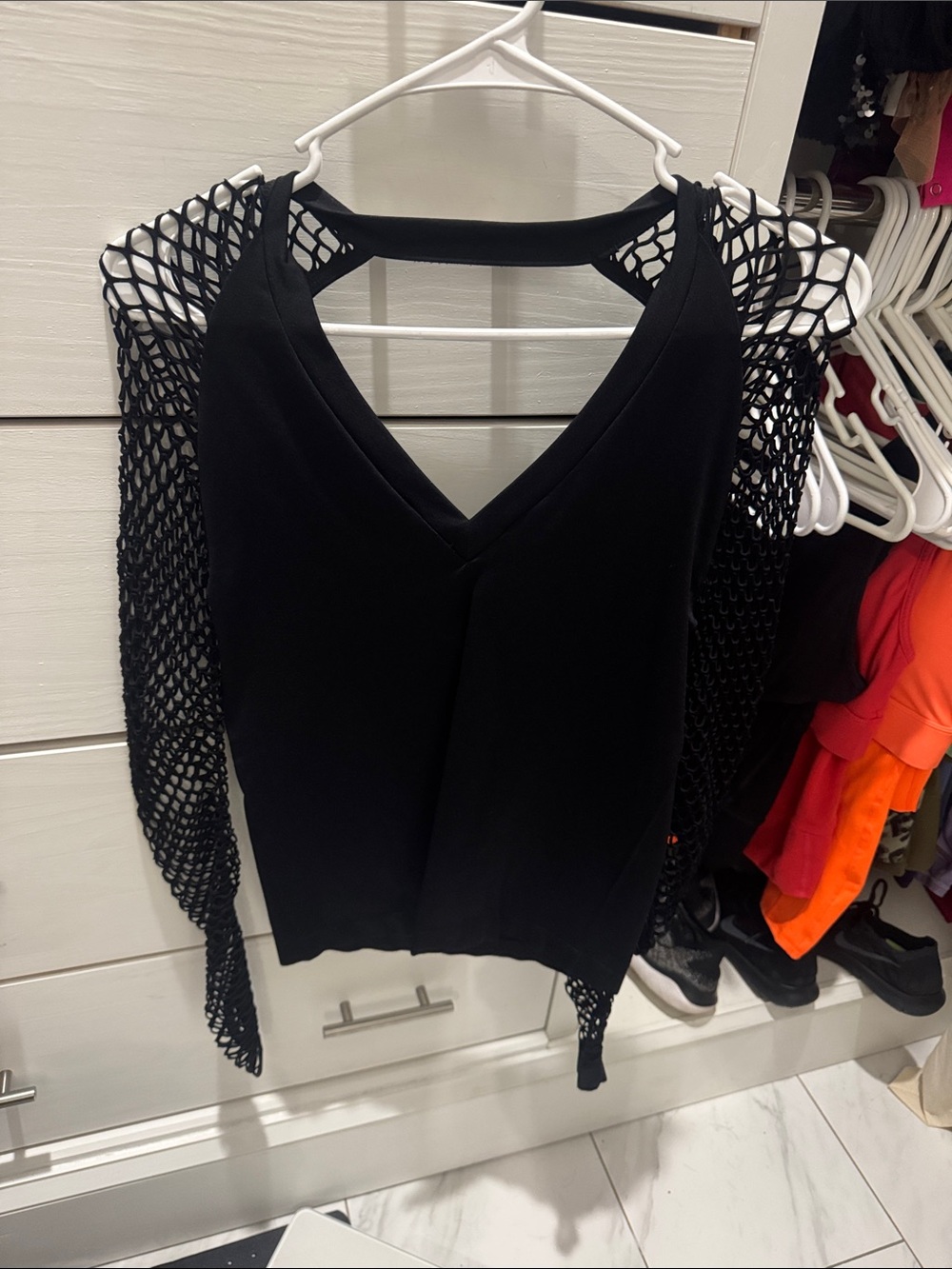 VENUS Black V-Neck Knit Top with Mesh Long Sleeves